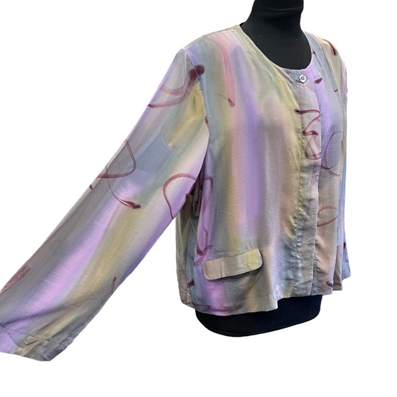 VTG 80s Aliki Yamani Jacket Top Sheer Silk Hidden Buttons Colorful Shoulder Pad - Picture 5 of 12